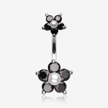 Pearl Bead Flower Sparkle Belly Ring-Black